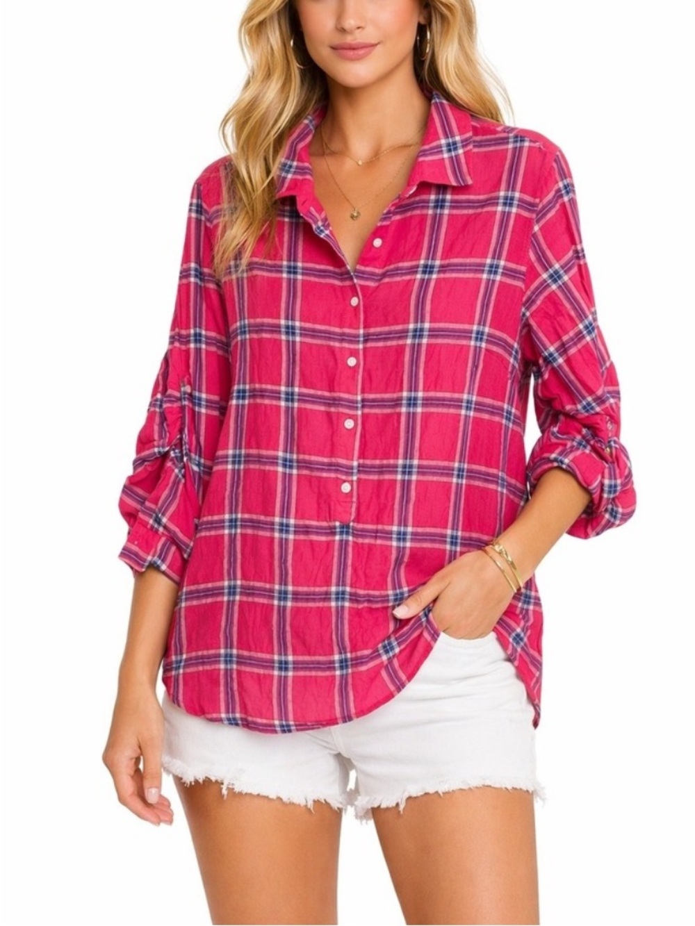 J McLaughlin Pink Plaid Popover Shirt Cotton